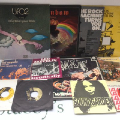 Six rock and prog rock LPs by various artists including Man, UFO 2 and others plus a Soundgarden white label 7" and various Led Zeppelin 7" singles.
