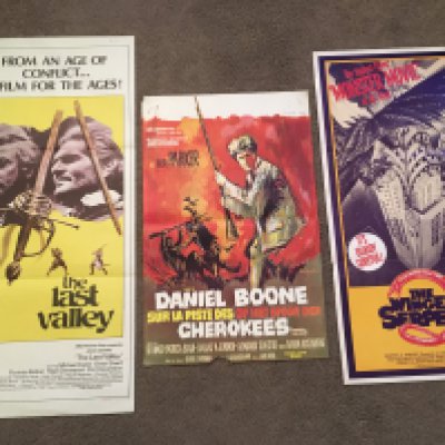 Four Australian day bills and one other film poster comprising 'Q The Winged Serpent', 'The Last Valley', 'Born Free' and others, all folded, some with small tears.
