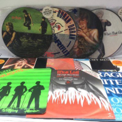 A box of LPs and 12" singles by various artists comprising many picture discs and coloured vinyl including Madonna, Duran Duran, Kraftwerk, Ultravox and many more.