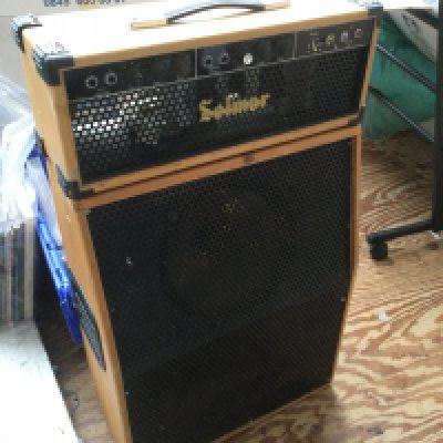 A vintage Selmer treble n bass MKii amplifier head and two cabinets in a natural wood finish (3)..
