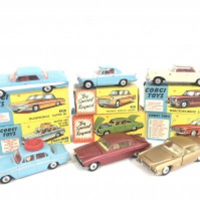 6 Boxed Corgi Vehicles. A Oldsmobile Super 88 #235. A Triumph Herald Coupe #231. A Mercedes-Benz 220 SE Coupe #230. A Austin A60 DE Luxe Saloon #236. A Jaguar Mark X #238 and a Cha L.6.4 #241.