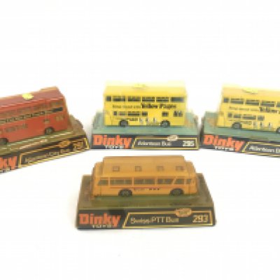 4 X Boxed Dinky Toys Buses. 2 x Atlantean Buses #295. A Atlantean City Bus #291 and a Swiss PTT Bus #293