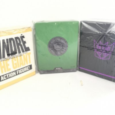 A collection of 3 new and boxed Super 7 figures..ANDRE the giant. RAY FILLET TMNT..BOMBSHELL transformer.