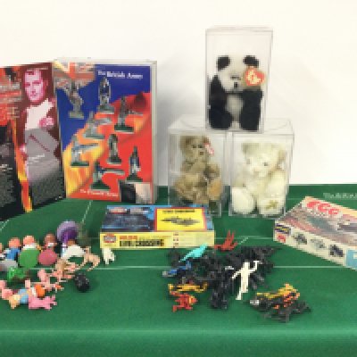 A box containing a large Subbeto Astro pitch plus a number of bags of assorted toys to include some cased Ty Beanie bears and a boxed troll.