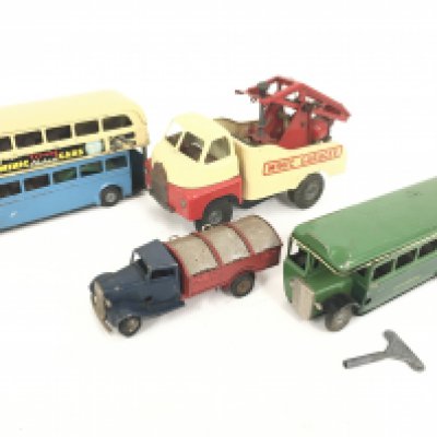 A Collection of Playworn Tri-Ang Minic Tinplate vehicles. 2 are Clockwork. (4).
