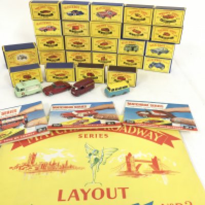 A Collection of Boxed Vintage Matchbox Vehicles. With A Layout and some loose.