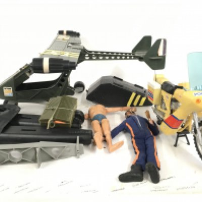 Collection of Action man figures..vehicles and accessories including Transport command..police motorcycle..pontoons..raft and 2 figures.