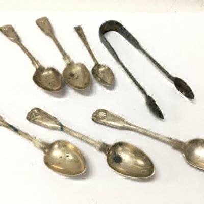 Hallmarked silver spoons and sugar tongs , postage category A
