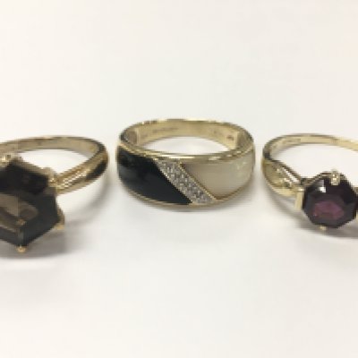 10 carat and two 9 carat gold rings . 8.4g total weight. Size R,P,O. Postage catA