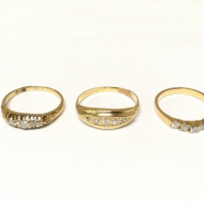 Three unhallmarked 5 stone set diamond rings. Approximately 6.8g and sizes L L 1/2 and O