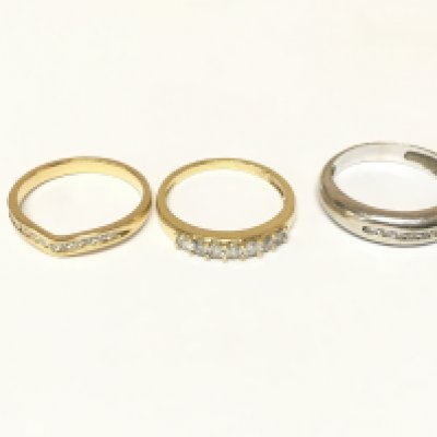 Three diamond half hoop diamond rings. Approximately 9.9g and Sizes M N and O