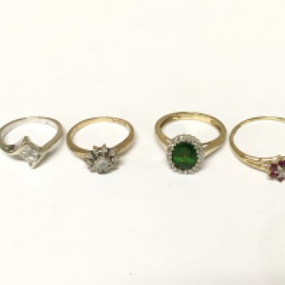 Four 9ct gold rings set with diamonds and other gem stones. Approximately 6g and sizes F H1/2 I and p