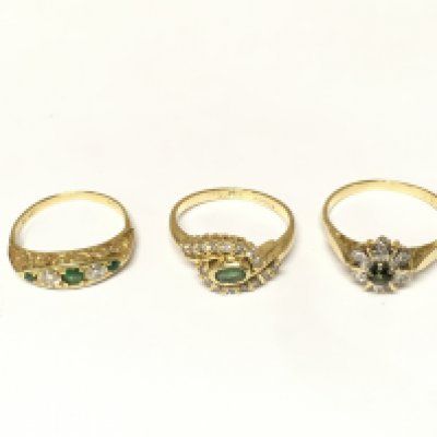 Three 18ct gold rings two set with diamond and emerald and one tourmaline ring. Approximately 8.8g and sizes J and K and P