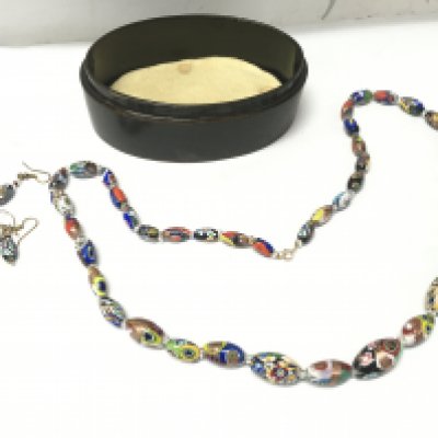 Millefiori necklace with a 9ct gold clasp and two pairs of earrings . Postage cat A