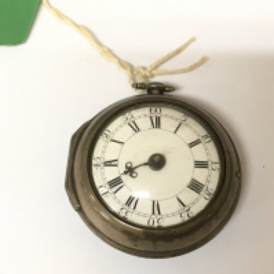 A hallmarked silver pair cased pocket watch in need of repair, circa 1763