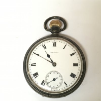 A silver hallmarked Waltham pocket watch. 99g winds and runs.