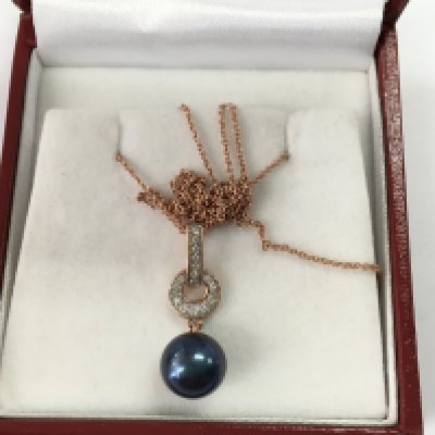 9ct rose gold dark pearl drop bale necklace with diamond set bale, diamond 0.13ct Approx.