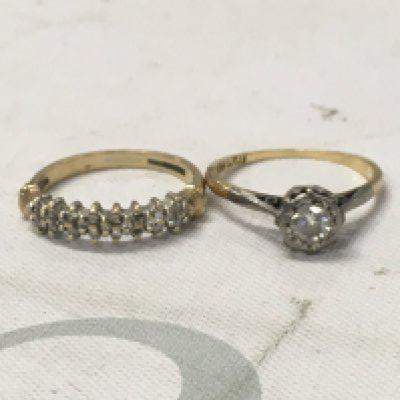 A 18 ct gold ring inset with diamond total weight 2 grams and a 9 ct gold ring inset with a row of diamonds chips total weight 1.8 grams