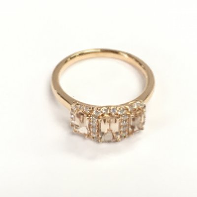 18ct rose gold ring set with three morganites each surrounded by diamonds. Morganites 1.17ct diamonds 0.32ct. Size O 1/2 approximately.