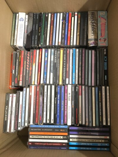 Three boxes of CDs by various artists including Metallica, Megadeth, Bon Jovi, Hawkwind and many more.