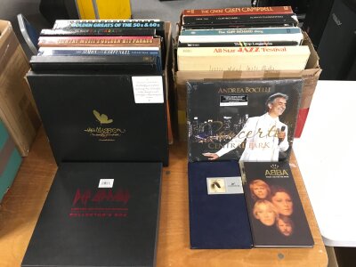 Two boxes of vinyl and CD box sets by various artists including ABBA, Def Leppard, Andrea Bocelli and others.