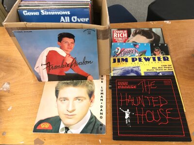 A box of rock n roll and rockabilly LPs.