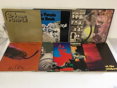 Twelve rock LPs by various artists including Deep Purple, Led Zeppelin, Uriah Heep and others.