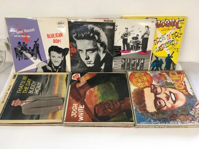A collection of rock n roll and blues LPs by various artists including Rolling Stones, Gene Vincent, Josh White, Elvis Presley and others.