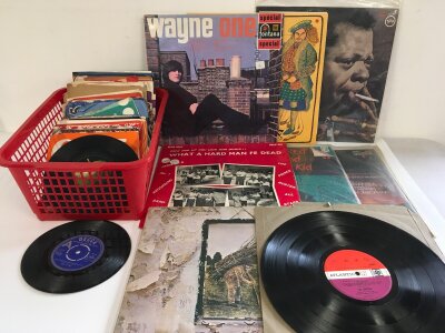 A collection of LPs and 7" singles by various artists including Led Zeppelin, a Billy Fury demonstration disc, Wayne Fontana and others.