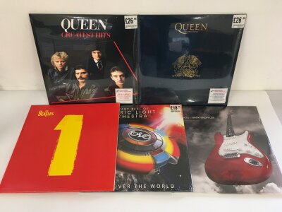 Five 180g double LPs by Queen, The Beatles, ELO and Dire Straits, mostly sealed.