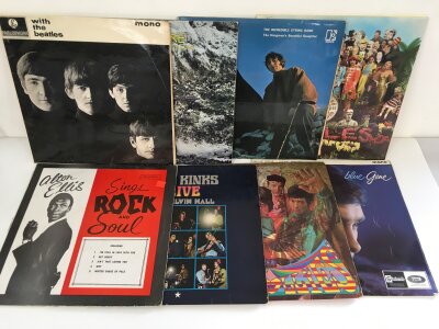 Eight LPs by various artists including The Beatles, The Kinks, The Hollies and others.