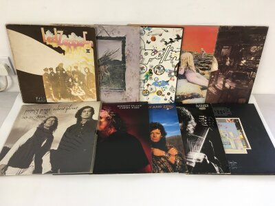 Ten Led Zeppelin and related LPs comprising Led Zeppelin II and IV both on red/plum Atlantic labels,  Led Zeppelin III, Houses Of The Holy and others. Please note, Led Zeppelin IV has feelable scratches.