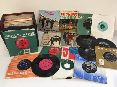 A record case of 7" singles and EPs by various artists from the 1950s onwards comprising Gene Vincent, The Olympics, The Jetstreams and others.