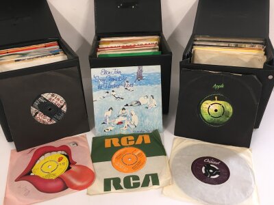 Four record cases of LPs and 7" singles by various artists including The Rolling Stones, David Bowie, John Lennon and many more.