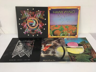 Five Hawkwind LPs comprising In Search Of Space, Warrior On The Edge Of Time and others. Vinyl VG+/NM.