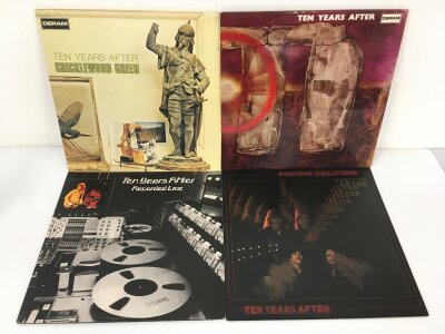 Four early UK pressings of Ten Years After LPs comprising Cricklewood Green, Stonedhenge, Positive Vibrations and Recorded Live. Vinyl VG+/NM.