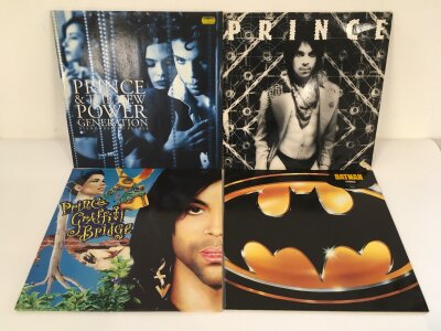 Three Prince LPs and a 12" single comprising Graffiti Bridge, Diamonds & Pearls and others.