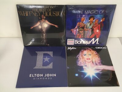 Four sealed 180g LPs by Elton John, Whitney Houston, Kylie Minogue and Boney M.