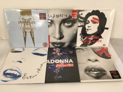 Six sealed 180g Madonna LPs comprising Erotica, American Life, The Immaculate Collection and others.