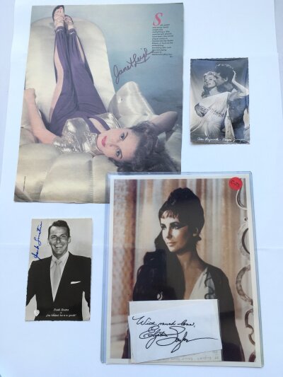 Four autographs comprising Elizabeth Taylor, Janet Leigh, Frank Sinatra and Rita Hayworth. Includes two COAs.