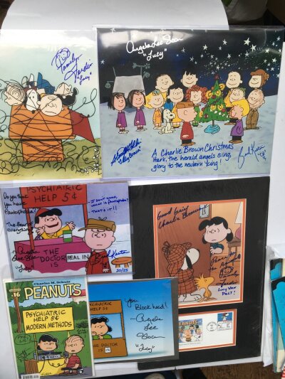 A collection of signed Peanuts cartoon related items signed by various voice actors from the animated series.