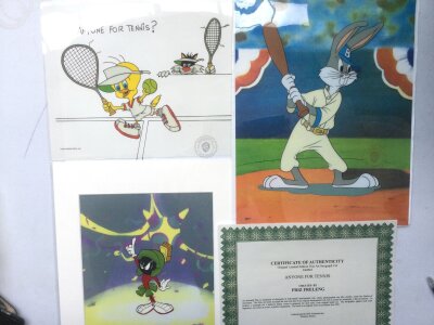 A collection of Disney, Warner Brothers and Looney Tunes related items comprising a limited edition serigraph cel of Sylvester the cat and Tweety Pie, a Bugs Bunny lithographic print, film cels etc.