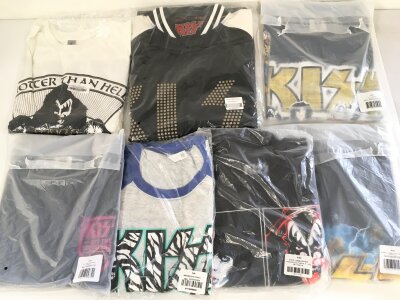 A collection of Kiss t shirts, jacket and two hoodies, all XL.