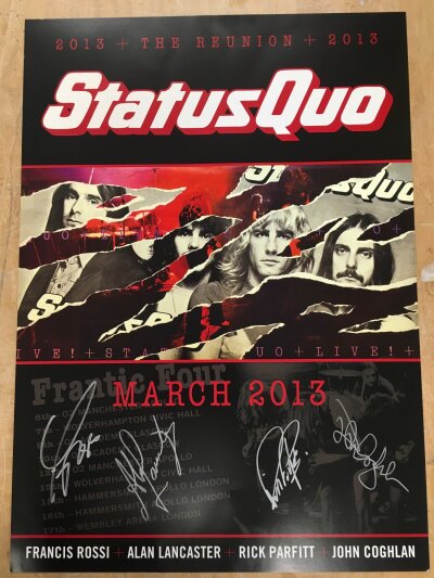 A fully signed Status Quo lithographic poster for E Reunion tour in 2013, approx 49cm x 69cm.