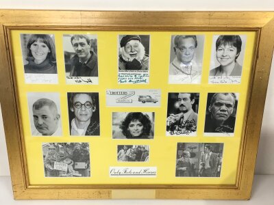 A framed and glazed multi signed Only Fools And Horses display with COA from a UACC registered dealer, approx 69cm x 54cm.