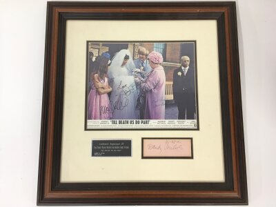 A framed and glazed multi signed Till Death Us Do Part display, no COA. Approx 44cm x 45cm.