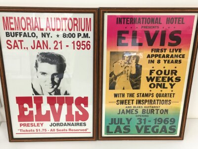 Two framed and glazed reproduction Elvis Presley show posters, approx 39cm x 58cm.