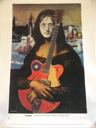 A limited edition John Lennon poster produced for the Liverpool European Capital Of Culture event 2008. Signed and hand numbered by artist Alex Corina, number 120/200. Approx 50cm x 70cm. Comes with original poster tube.