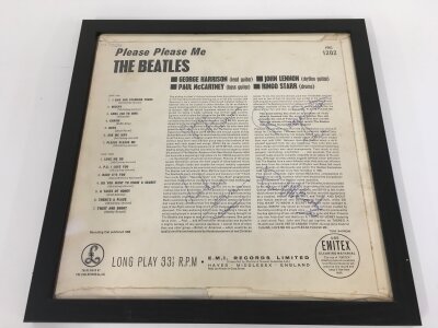 A signed Beatles Please Please Me LP, believed to be secretarial. The autographs were obtained by the brother of the vendor who was assistant manager at The Southend Odeon in 1963 when The Beatles performed there. No further proof exists sadly. This lot also comes with four Rolling Stones LPs and a mono With The Beatles, condition poor to VG.
