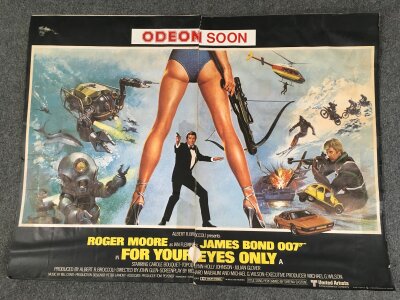 A UK quad For Your Eyes Only James Bond film poster, glued down on to a backing card, tears and areas of damage. Approx 30" x 40".